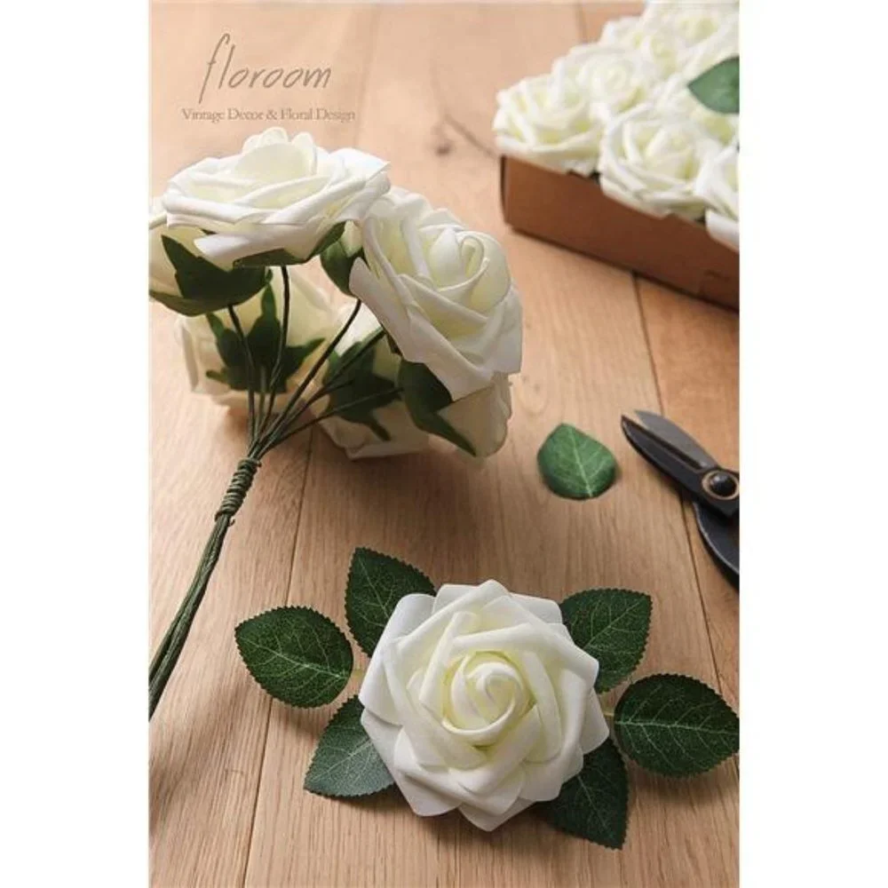 Artificial Flowers 25pcs Real Looking Ivory Foam Fake Roses with Stems